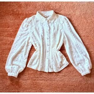 Ivy & Sage Lace Button Blouse Cream Romantic Puff Sleeve Shirt M NWT